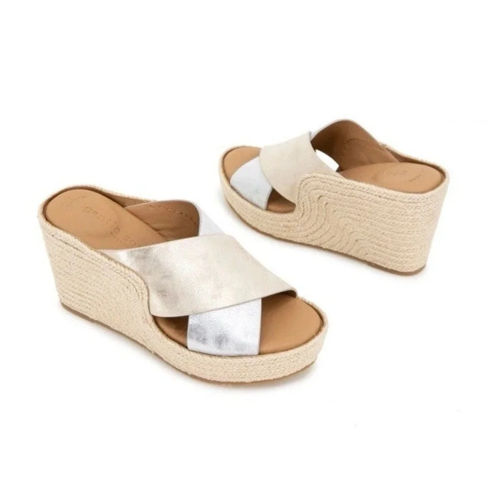 $189 Gentle Souls Porto 7.5 Slide Sandals Wedge Leather Silver Gold Espadrilles